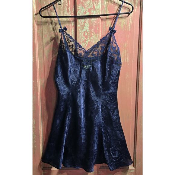 Vintage Gold Label Victoria's Secret Navy Blue Lace Trimmed Slip Dress SZ S 90s - Picture 1 of 12